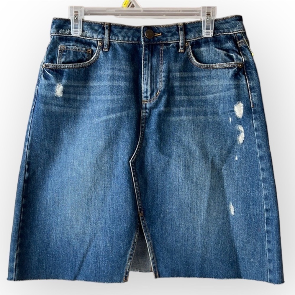 LOFT Denim Cotton Distressed Front Cut Out Skirt Size 6